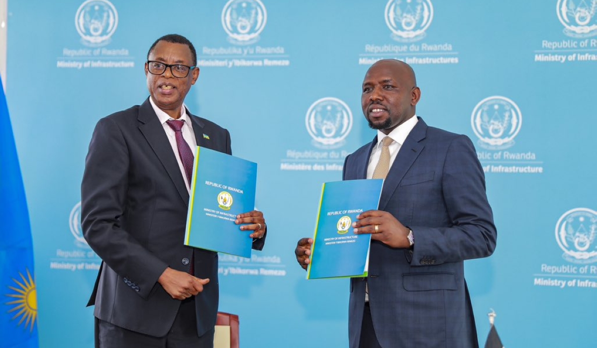James Kabarebe, Minister of State in Charge of Regional Cooperation and Kipchumba Murkomen, the Kenyan Cabinet Secretary for Roads and Transport during the signing on March 19.Courtesy
