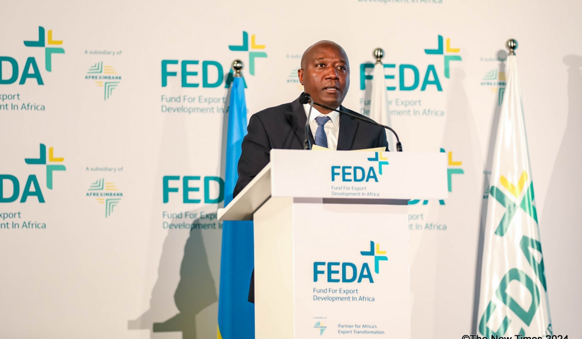 Prime Minister Edouard Ngirente delivers remarks during the official launch of the Fund for Export Development in Africa (FEDA) office in Kigali  on Wednesday, March 20. Photos by Dan Gatsinzi