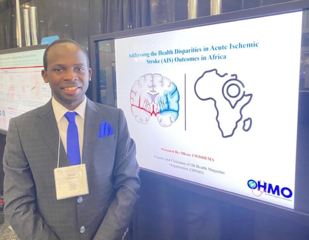 Olivier Uwishema presenting his scientific research at the American Academy of Neurology in Boston, Massachusetts, USA in April 2023.