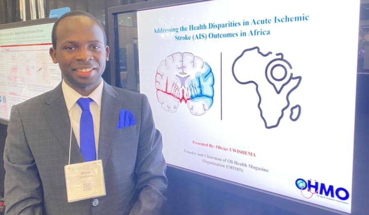 Olivier Uwishema presenting his scientific research at the American Academy of Neurology in Boston, Massachusetts, USA in April 2023.