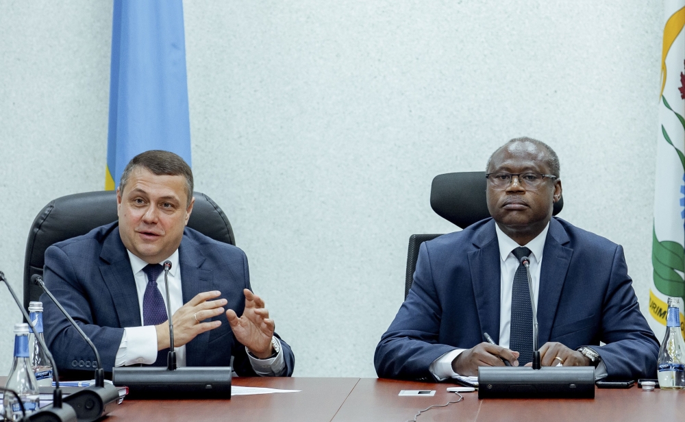 IMF mission lead, Ruben Atoyan and Minister of Finance and Economic Planning Uzziel Ndagijimana during a meeting in Kigali , on Friday, March 22. Courtesy.