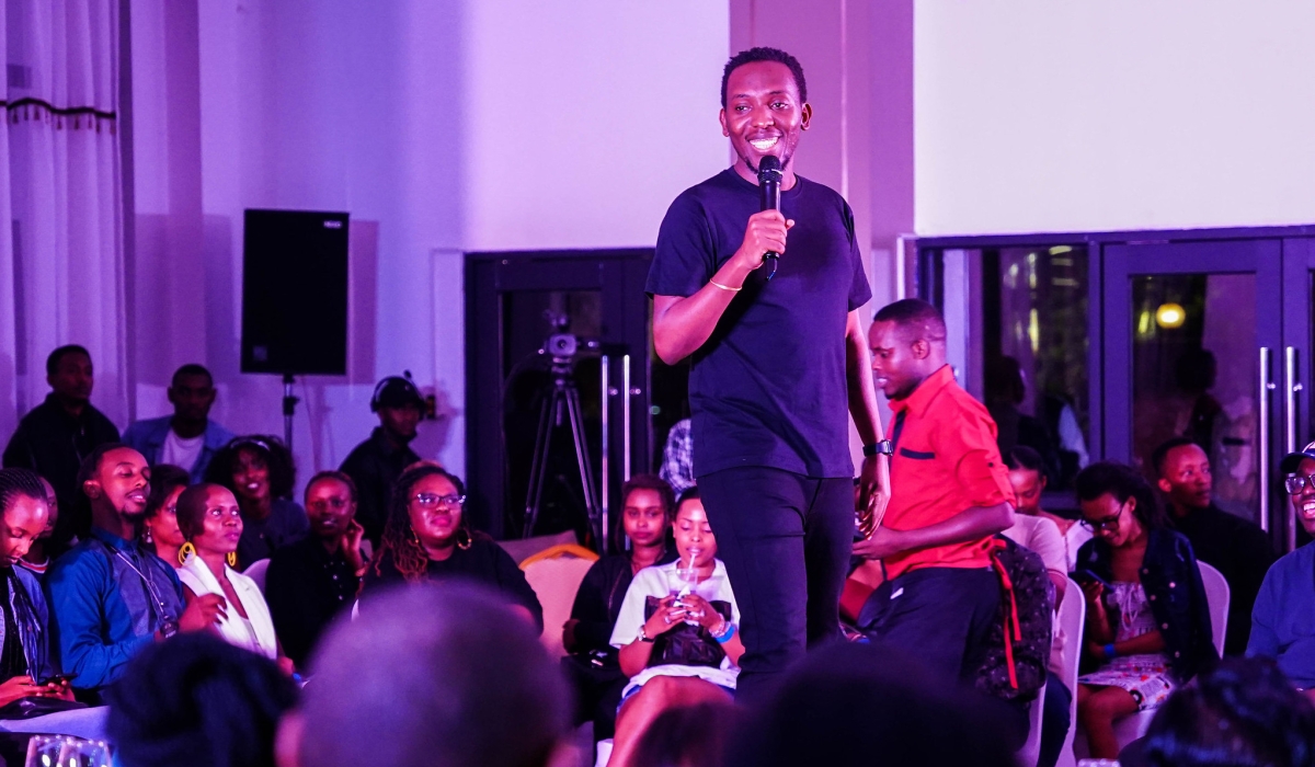 Comedian Arthur Nkusi during a performance in Kigali.