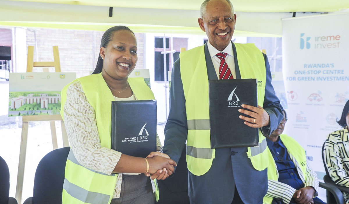 Kampeta Pitchette Sayinzoga, the Chief Executive of BRD and Rwigamba Balinda, Founder and President of ULK University  during the signing event at ULK Campus, Gisozi, on March 20. Photo by Craish Bahizi