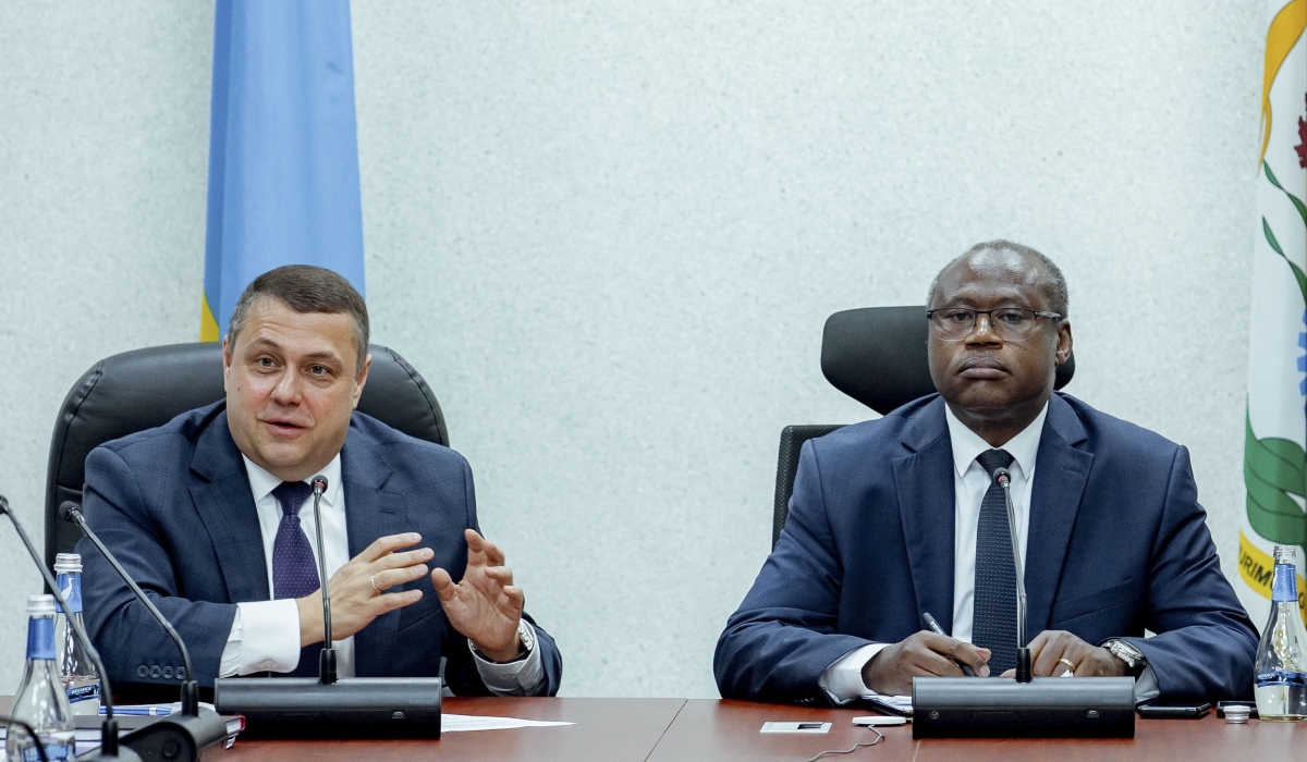 IMF mission lead, Ruben Atoyan and Minister of Finance and Economic Planning Uzziel Ndagijimana during a meeting in Kigali , on Friday, March 22. Courtesy.