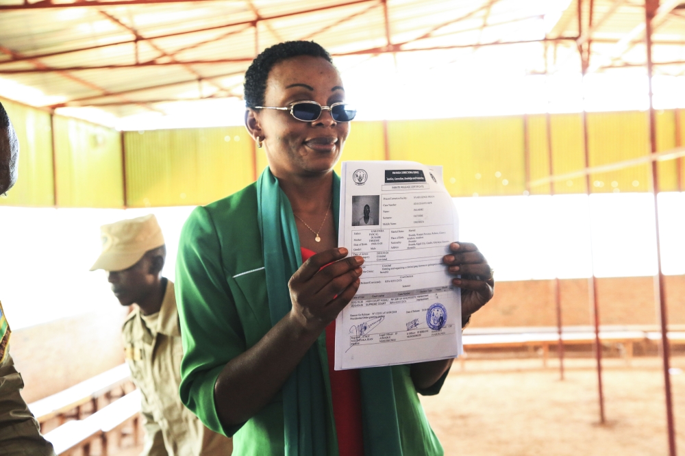 Victoire Ingabire shows her release document to the journalists at Nyarugenge Prison on September 15, 2018. File
