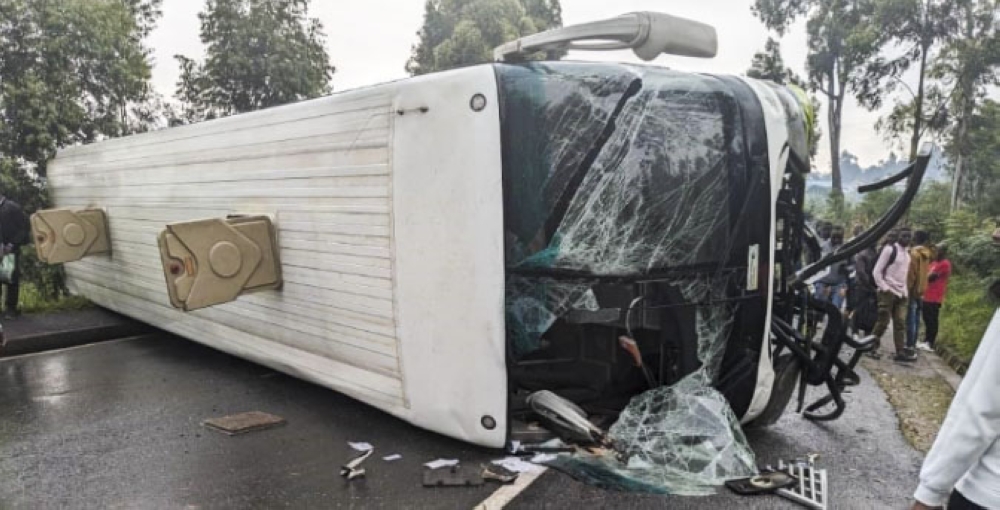 A scene of an accident in Kamonyi in February. Police revealed that 89 road accidents were registered between January and February, 16 of which were caused by reckless taxi-moto operators. Courtesy.