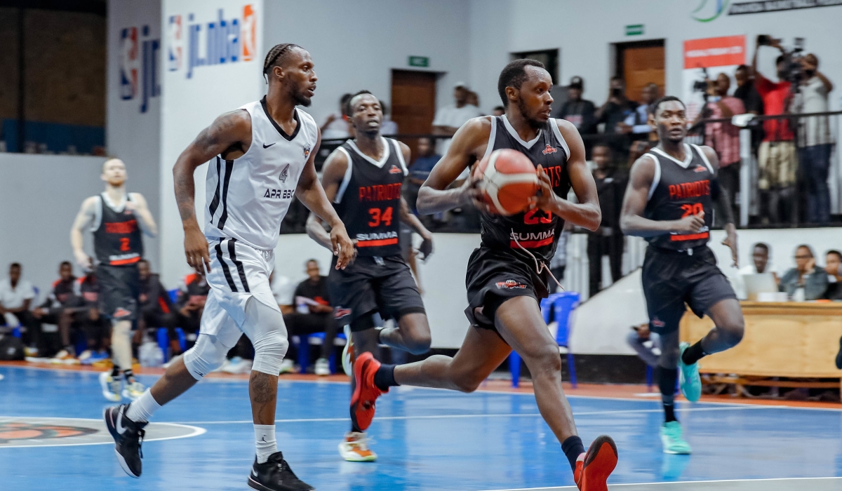 Patriots’ forward Steven Hagumintwari with the ball during a league game against APR BBC at Lycee de Kigali Gymnasium. Dan Gatsinzi