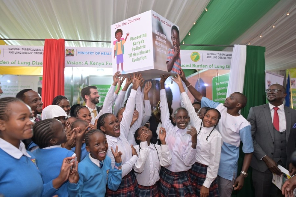 Pupils from All Saints&#039; Cathedral Primary School display health information during the launch of the National Strategic Plan for tuberculosis in Nairobi, capital of Kenya, on Jan. 22, 2024. (Photo by Allan Mutiso/Xinhua)