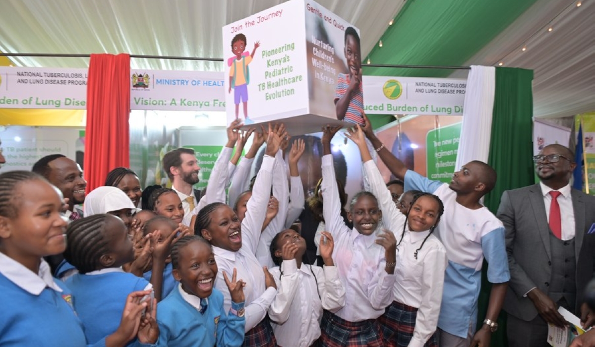 Pupils from All Saints&#039; Cathedral Primary School display health information during the launch of the National Strategic Plan for tuberculosis in Nairobi, capital of Kenya, on Jan. 22, 2024. (Photo by Allan Mutiso/Xinhua)