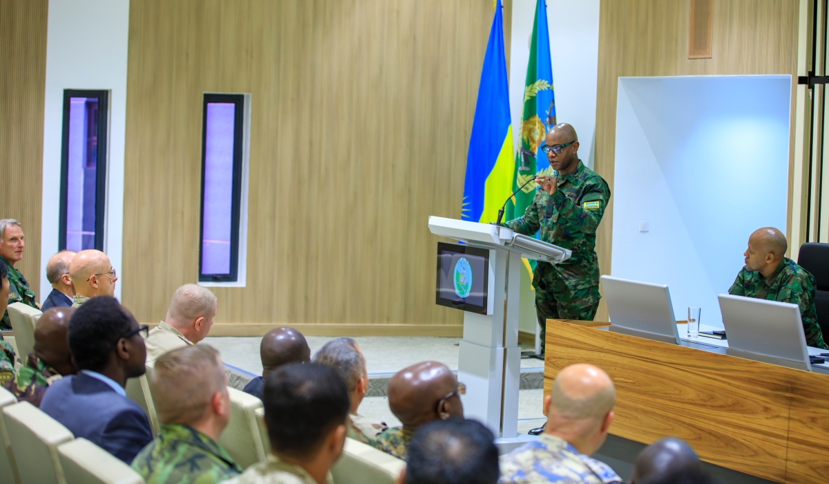The Director General of International Military Cooperation in the Ministry of Defence, Brig Gen Patrick Karuretwa addresses thirty Defence Attachés (DA), Associates accredited to Rwanda for the Quarterly Security Briefing.