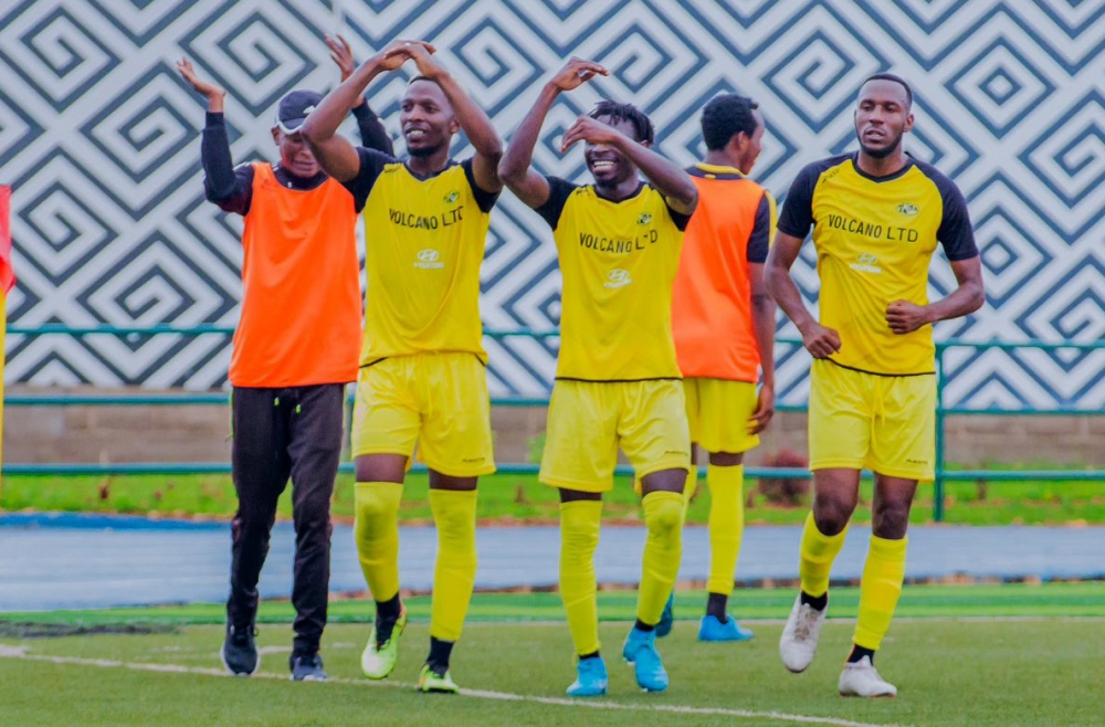 Mukura VS deputy skipper Soter Kayumba(R) with teammates while celebrating a goal during a past league match against Bugesera at Huye Stadium. Courtesy