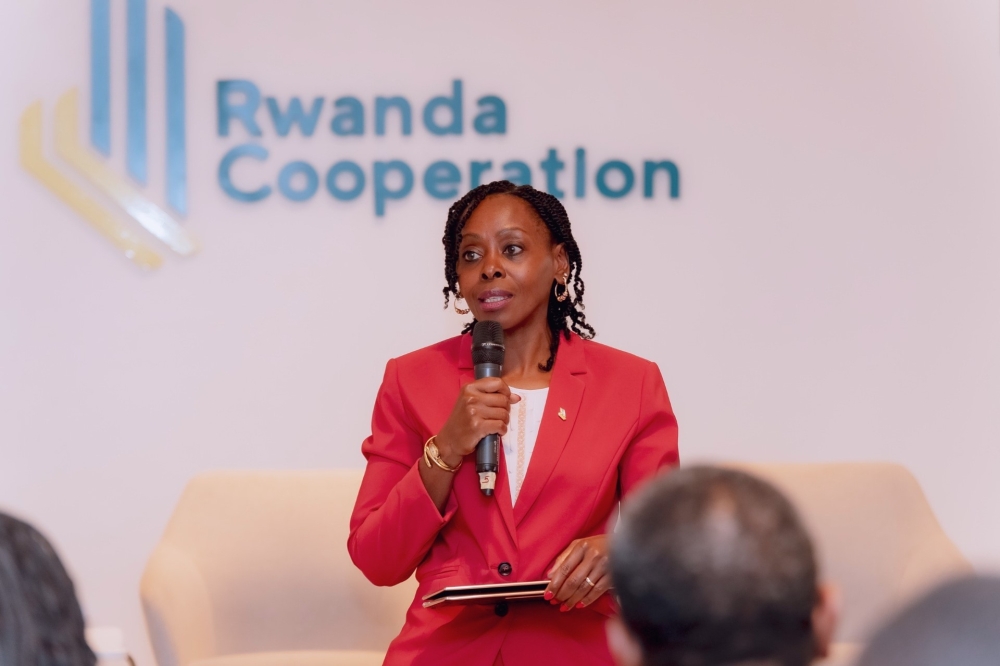 3. Christine Nkulikiyinka, Chief Executive Officer of RCI, delivers remarks during a workshop on the psychological effects of GVB on personal and organisational productivity on March 27, in Kigali. Courtesy photos