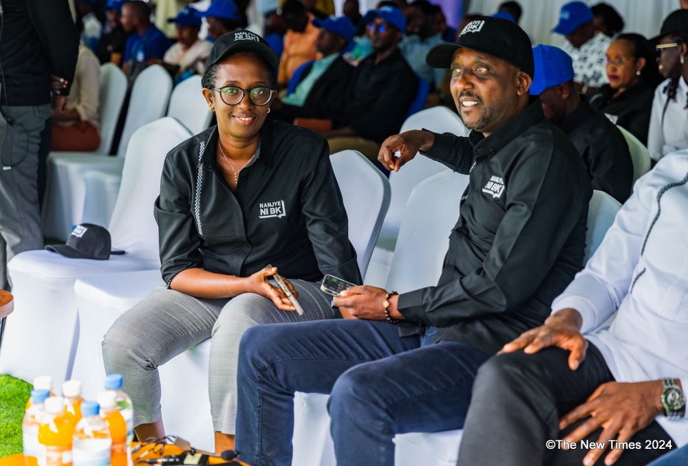 Bank of Kigali CEO, Diane Karusisi and Desire Rumanyika, BK’s Chief Digital and Retail Officer, share a light moment during the event.