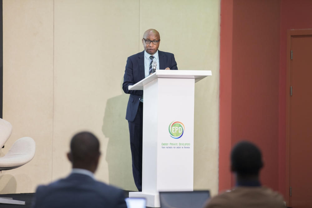 Jean Claude Mugiraneza, the acting Director General in charge of energy in the Ministry of Infrastructure, delivers his remarks during the workshop in Kigali on March 27. Photos by Craish Bahizi