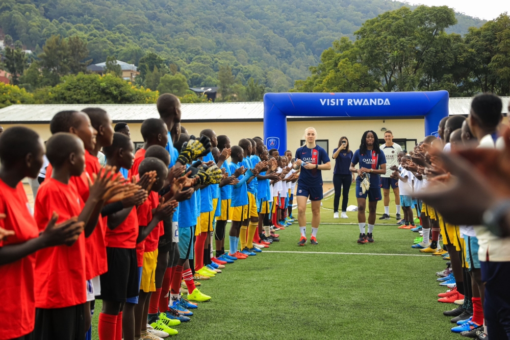 PSG Women&#039;s team players during their tour with PSG Academy Rwanda during which rounds of clinics are being held for young players from the academy and some coaches. Courtesy
