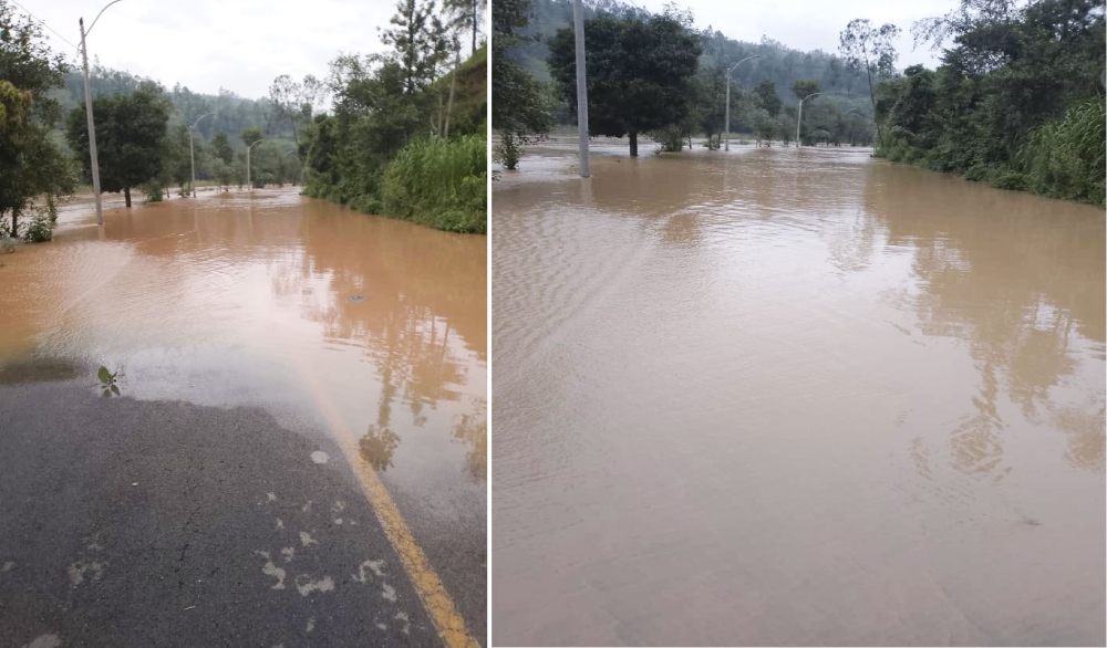 A view of a flooded  Ngororero-Muhanga road at Cyome bridge, after heavy rains that  disrupted travel in the region  on April 1. Courtesy