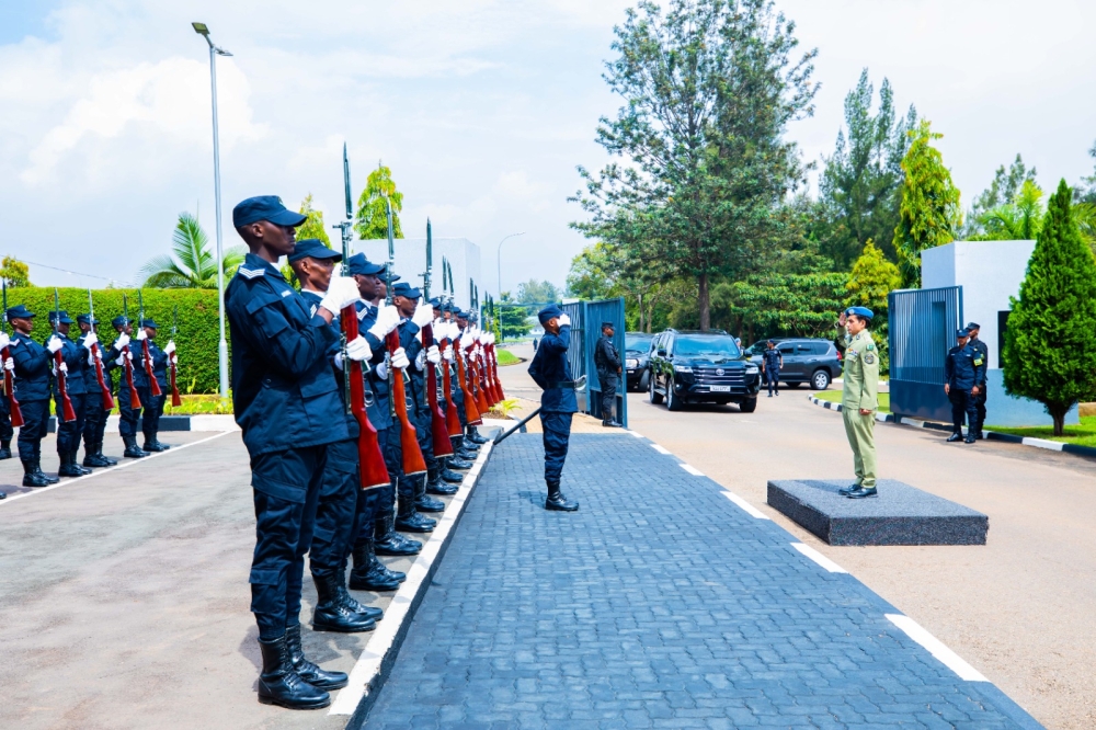 Shahkar inspects a guard of honour mounted by the  Rwanda National Police at the Police General Headquarters in Kacyiru, Kigali on April 2.