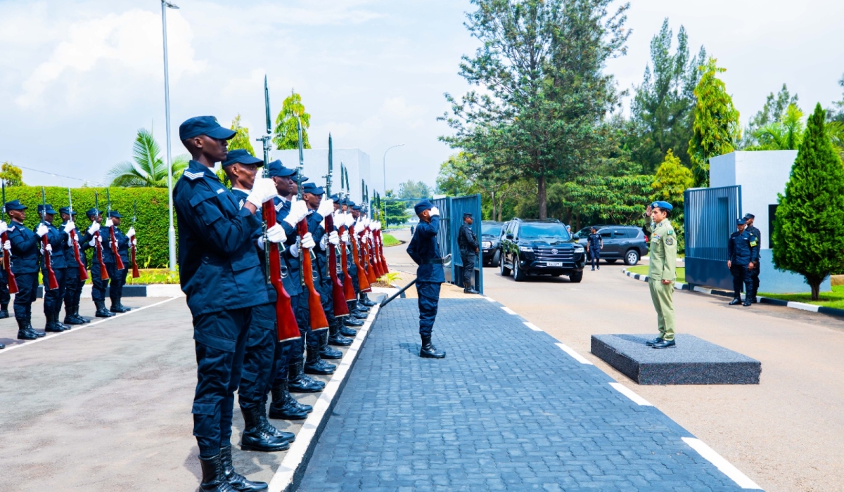 Shahkar inspects a guard of honour mounted by the  Rwanda National Police at the Police General Headquarters in Kacyiru, Kigali on April 2.