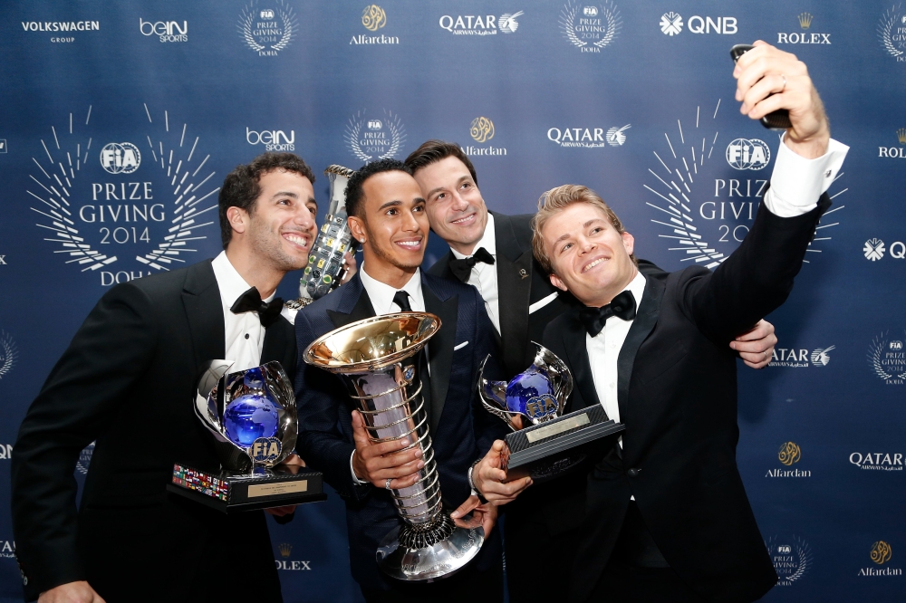 Winners of the awards take a selfie during the awarding ceremony IN 2014. The world automobile governing body (FIA) will hold its Prize Giving ceremony in Kigali on December 13.