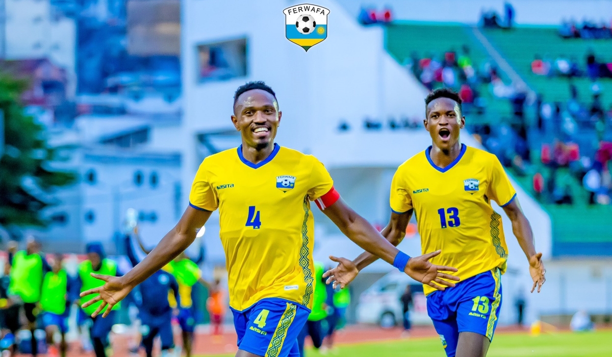 National team captain Djihad Bizimana and Ombolenga celebrate a goal as Amavubi stun Madagascar 2-0 in Antananarivo. Rwanda has moved two places up in the latest FIFA world ranking released on Thursday April 4.