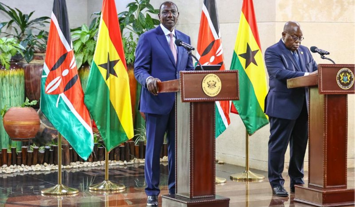 Ghana’s President Nana Akufo-Addo and Kenyan President William Ruto during a joint press conference. Ghana&#039;s President has endorsed Kenyan politician Raila Odinga&#039;’s bid for the next chairmanship of the AU.
