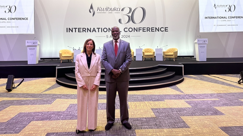 IRMCT President Gatti Santana (L) and Registrar Tambadou attending an international conference on the occasion of Kwibuka 30 in Kigali on Friday, April 5.