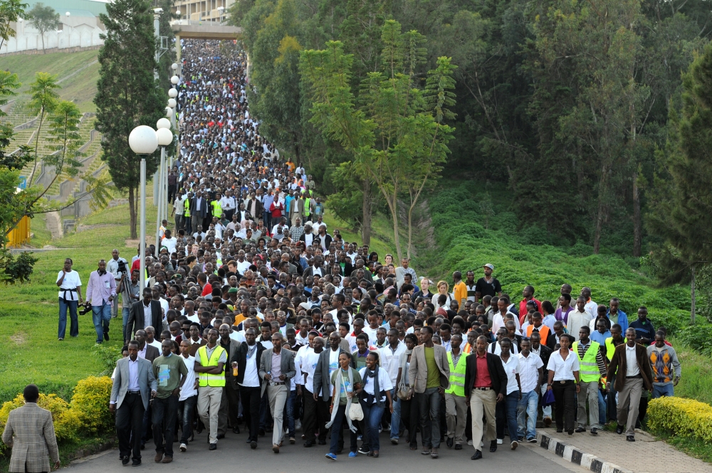 Thousands of mourners who turn up for the Walk to Remember during the commemoration of the Genocide against the Tutsi, during Kwibuka 20, at Gishushu on April 7, 2014. Courtesy