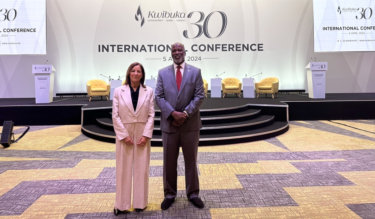 IRMCT President Gatti Santana (L) and Registrar Tambadou attending an international conference on the occasion of Kwibuka 30 in Kigali on Friday, April 5.