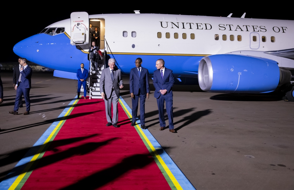Former US President Bill Clinton arrives at Kigali International Airport on Saturday, April 6, to participate in the 30th commemoration of the 1994 Genocide starting on Sunday, April 7. Courtesy