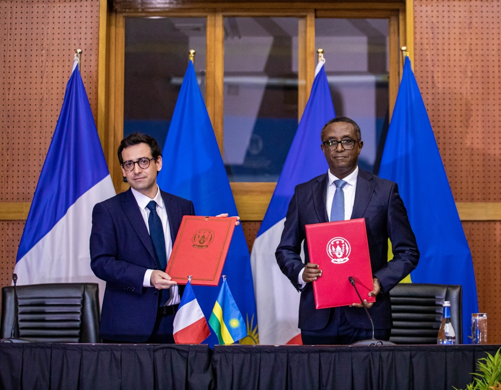  French Minister of Foreign Affairs Stephane Sejourné and his Rwandan counterpart Dr Vincent Biruta during the signing ceremony in Kigali on Saturday, April 6. Photos by Dan Gatsinzi
