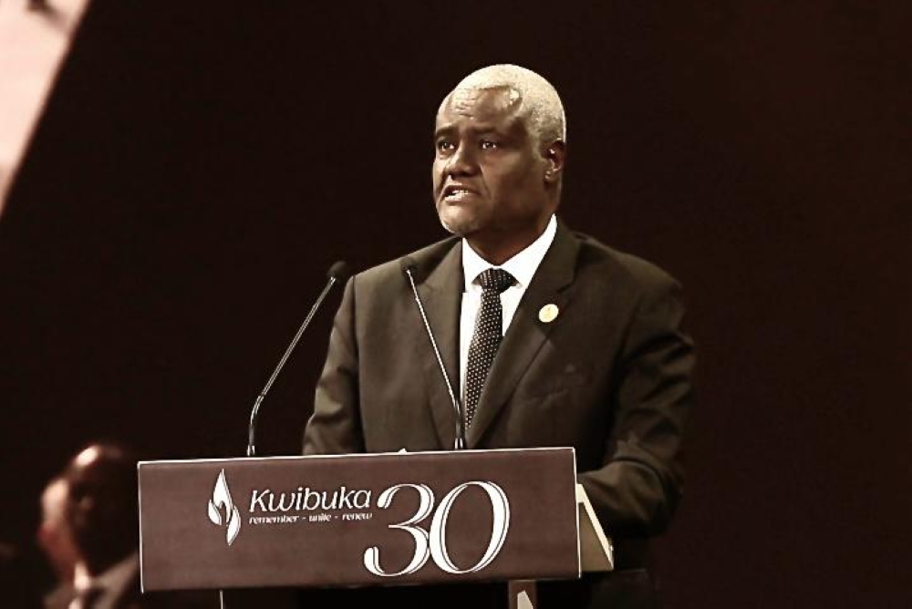 Moussa Faki Mahamat, the Chairperson of the African Union Commission, delivers his remarks at the 30th commemoration of the 1994 Genocide against the Tutsi in Kigali on Sunday, April 7.  Photo by Olivier Mugwiza for The New Times