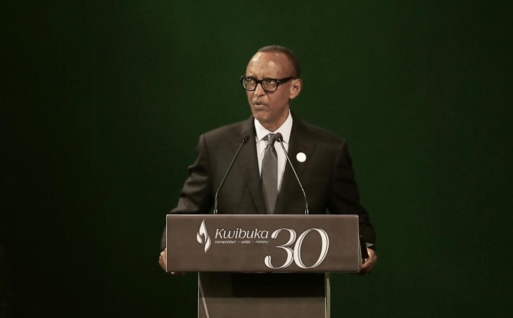 President Paul Kagame delivers his remarks during the 30th commemoration of the Genocide against the Tutsi at BK Arena on Sunday April 7. Photo by Olivier Mugwiza