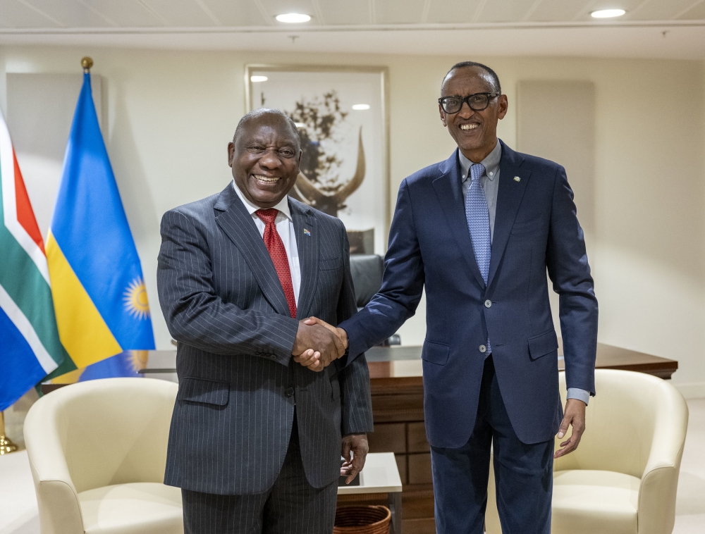 President Paul Kagame meets with President Cyril Ramaphosa of South Africa in Kigali on  April 6, 2024. Photo by Village Urugwiro