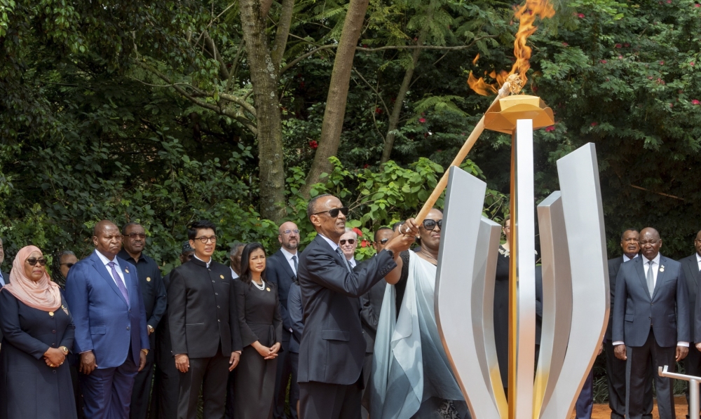 The President Paul Kagame and First Lady Jeannette Kagame lit the Flame of Remembrance at Kigali Genocide Memorial as Rwanda marked the 30th Commemoration of the Genocide against the Tutsi on Sunday, April 7. The Flame of Remembrance that was lit, will burn for the next 100 days in commemoration of those lost. Photo by Village Urugwiro