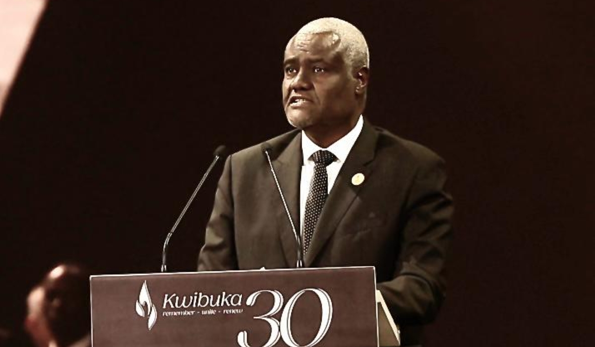 Moussa Faki Mahamat, the Chairperson of the African Union Commission, delivers his remarks at the 30th commemoration of the 1994 Genocide against the Tutsi in Kigali on Sunday, April 7.  Photo by Olivier Mugwiza for The New Times