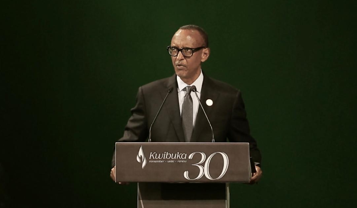 President Paul Kagame delivers his remarks during the 30th commemoration of the Genocide against the Tutsi at BK Arena on Sunday April 7. Photo by Olivier Mugwiza