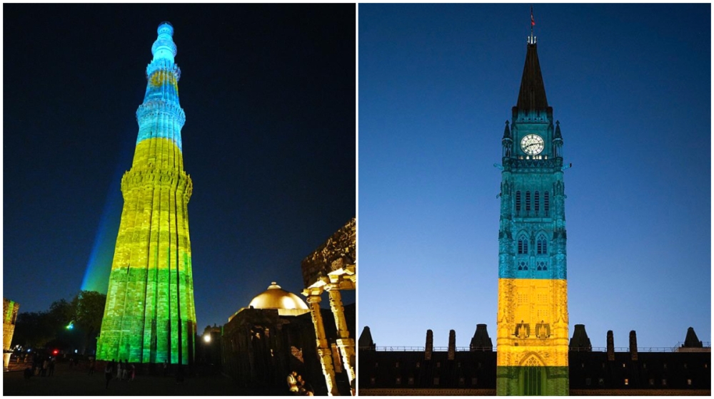 The Qutb Minar Tower in the Indian capital New Delhi (left) and the Peace Tower in the Canadian capital Ottawa on Sunday, April 7, were lit up with the colours of the Rwandan flag in honour of the victims of the 1994 Genocide against the Tutsi.