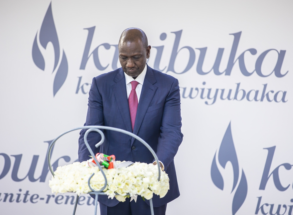 President William Ruto of Kenya lays a wreath to pay tribute to victims during his visit at Kigali Genocide Memorial on April 4, 2023. Courtesy
