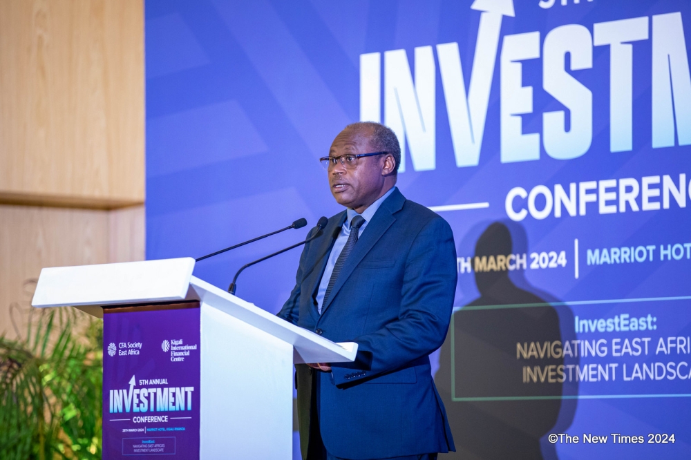 Minister of Finance Uzziel Ndagijimana delivers remarks during the conference at the Kigali Marriott Hotel on March 28
