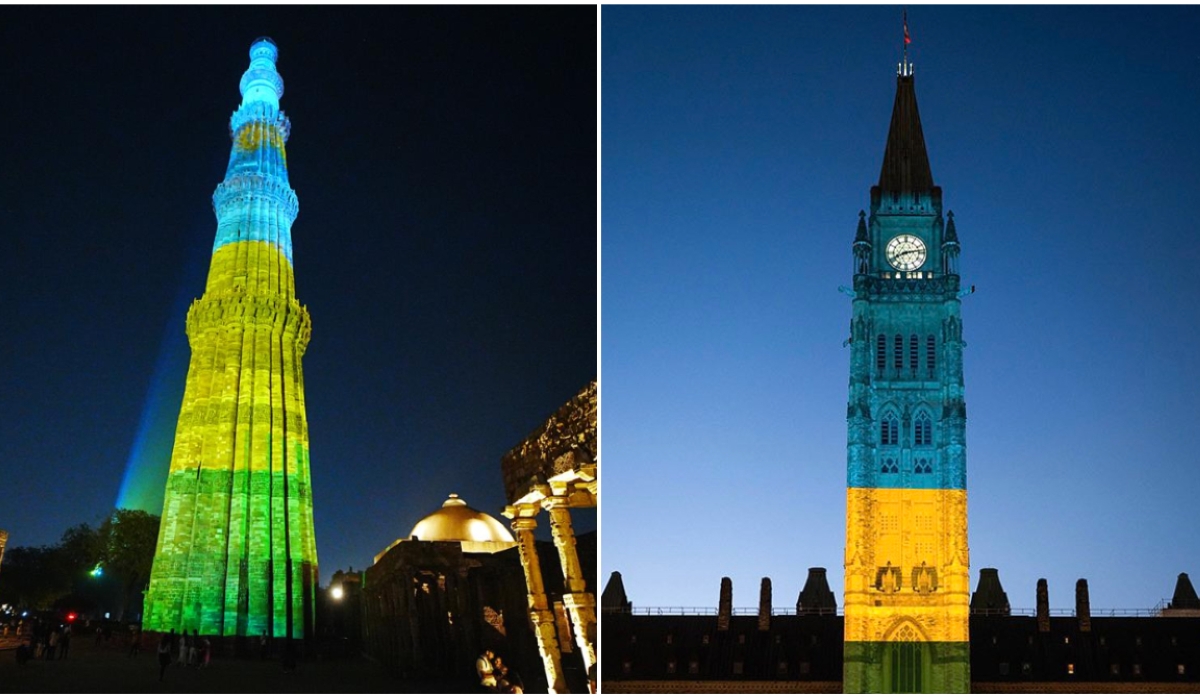 The Qutb Minar Tower in the Indian capital New Delhi (left) and the Peace Tower in the Canadian capital Ottawa on Sunday, April 7, were lit up with the colours of the Rwandan flag in honour of the victims of the 1994 Genocide against the Tutsi.