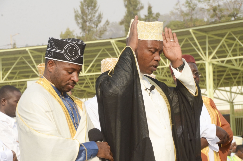 The Mufti of Rwanda, Sheikh Salim Hitimana, leads a prayer at Kigali Stadium during a past celebration of Eid al-Fitr. Sam Ngendahimana