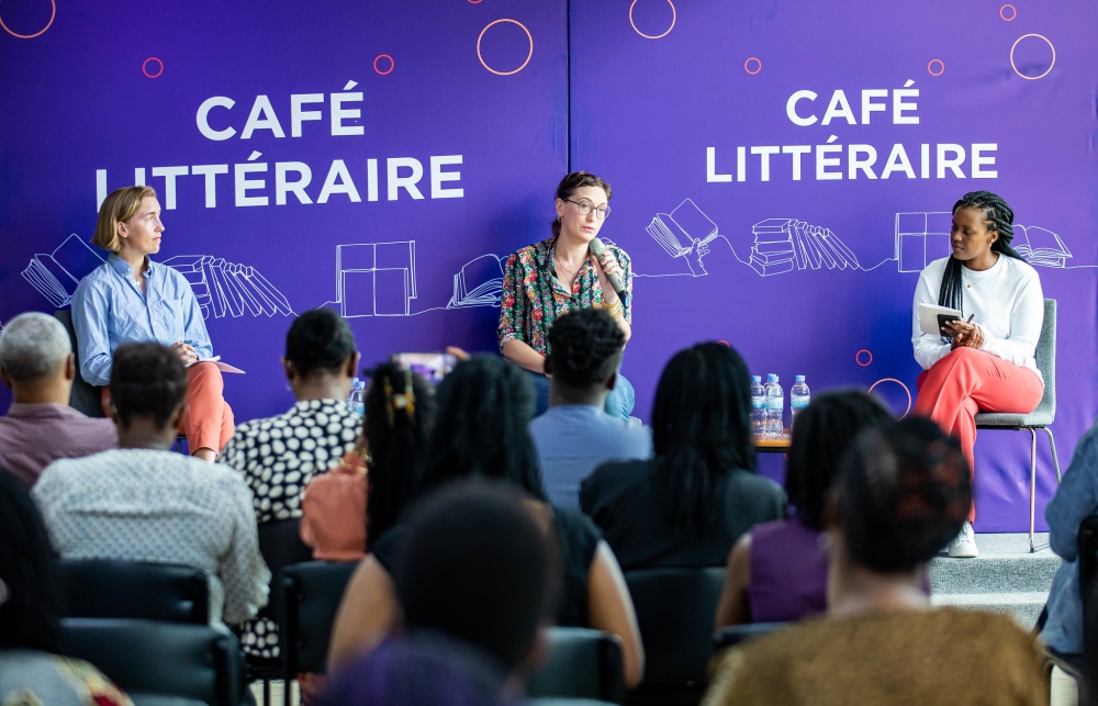 Panelists discuss at an event titled “Café Littéraire” that entailed discussions about “Sans ciel ni terre, Paroles orphelines du génocide des Tutsi”, a French book by Hélène Dumas. Dan Gatsinzi