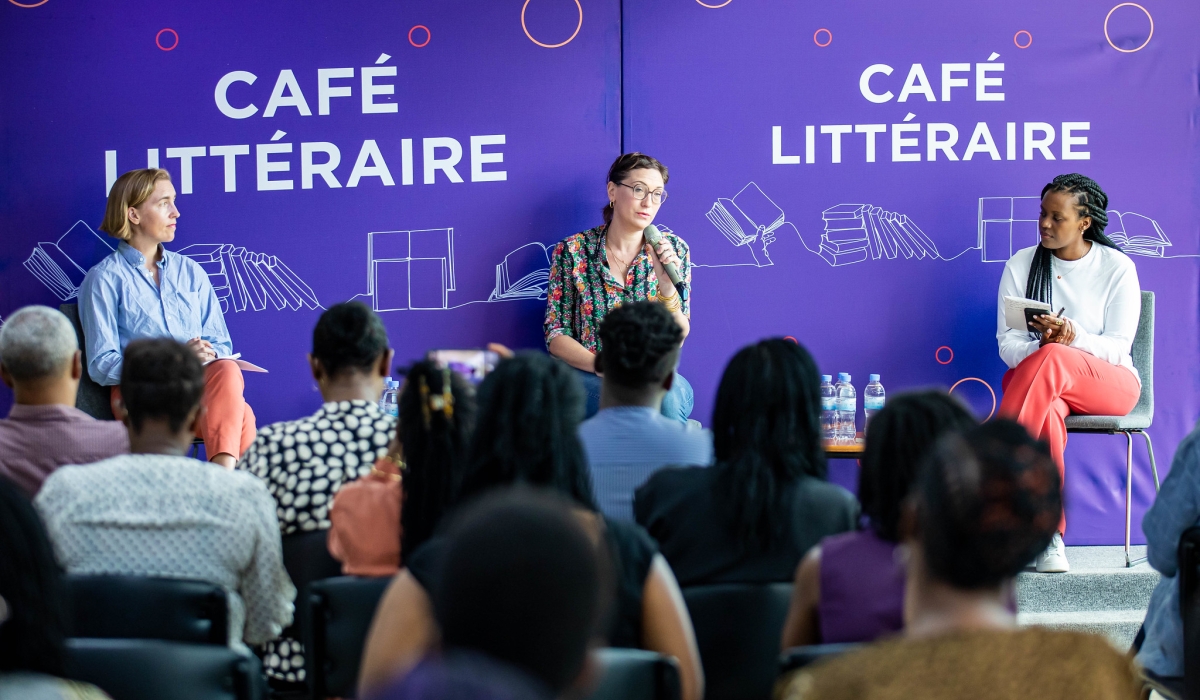 Panelists discuss at an event titled “Café Littéraire” that entailed discussions about “Sans ciel ni terre, Paroles orphelines du génocide des Tutsi”, a French book by Hélène Dumas. Dan Gatsinzi