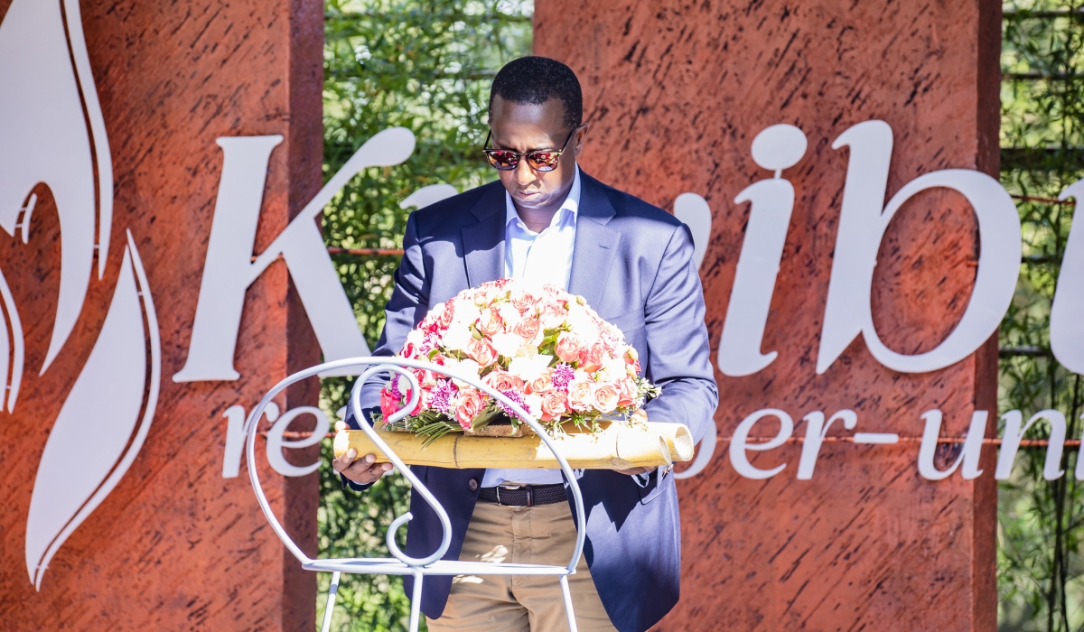 Interpeace president, Itonde Kakoma, lays a wreath to honour the victims of the 1994 genocide against the Tutsi at Kigali Genocide Memorial on April 8. Emmanuel Dushimimana