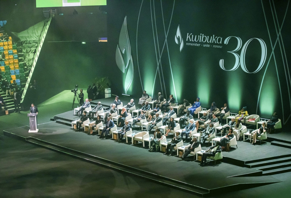 President Paul Kagame addresses mourners during the 30th commemoration of the Genocide against the Tutsi on Sunday, April 7. Photo by Dan Gatsinzi