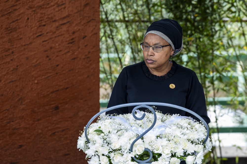 Alice Wairimu Nderitu, the United Nations Special Advisor on the Prevention of Genocide lays a wreath to pay tribute to victims of the Genocide against the Tutsi at Kigali Genocide Memorial on Sunday, April 7. Photo by Olivier Mugwiza