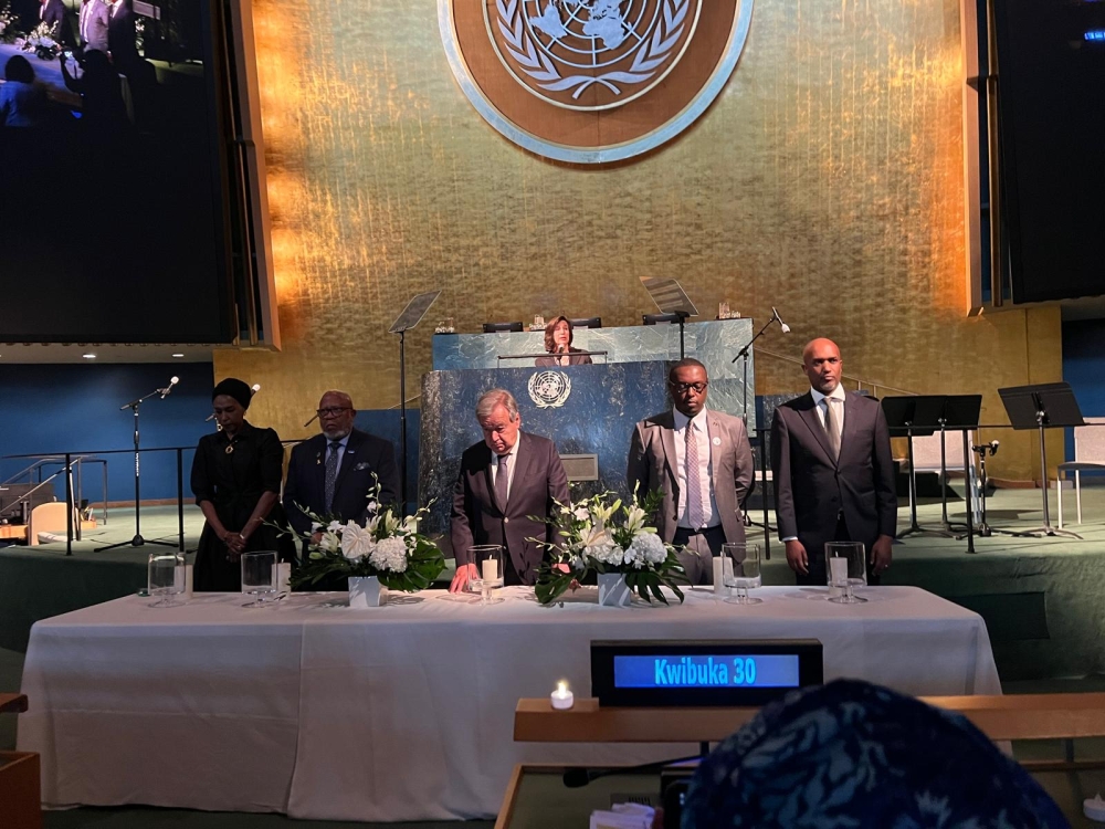  UN Secretary-General António Guterres with other officials observe a moment of silence to honour victims of the Genocide against the Tutsi as The United Nations marked the 30th anniversary of the Genocide against the Tutsi in Rwanda with a solemn ceremony at the UN General Assembly Hall, on April 12. Courtesy