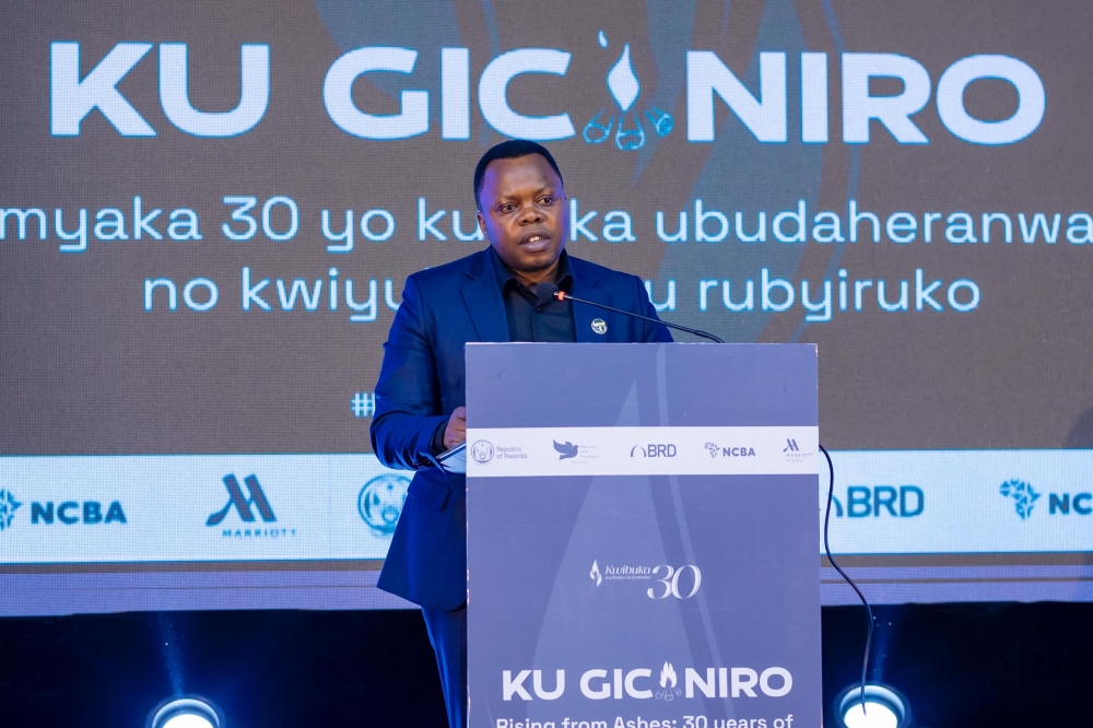 Abdallah Utumatwishima, the Minister of Youth and Arts, addresses participants during Ku Gicaniro event on Friday, April 12. Courtesy