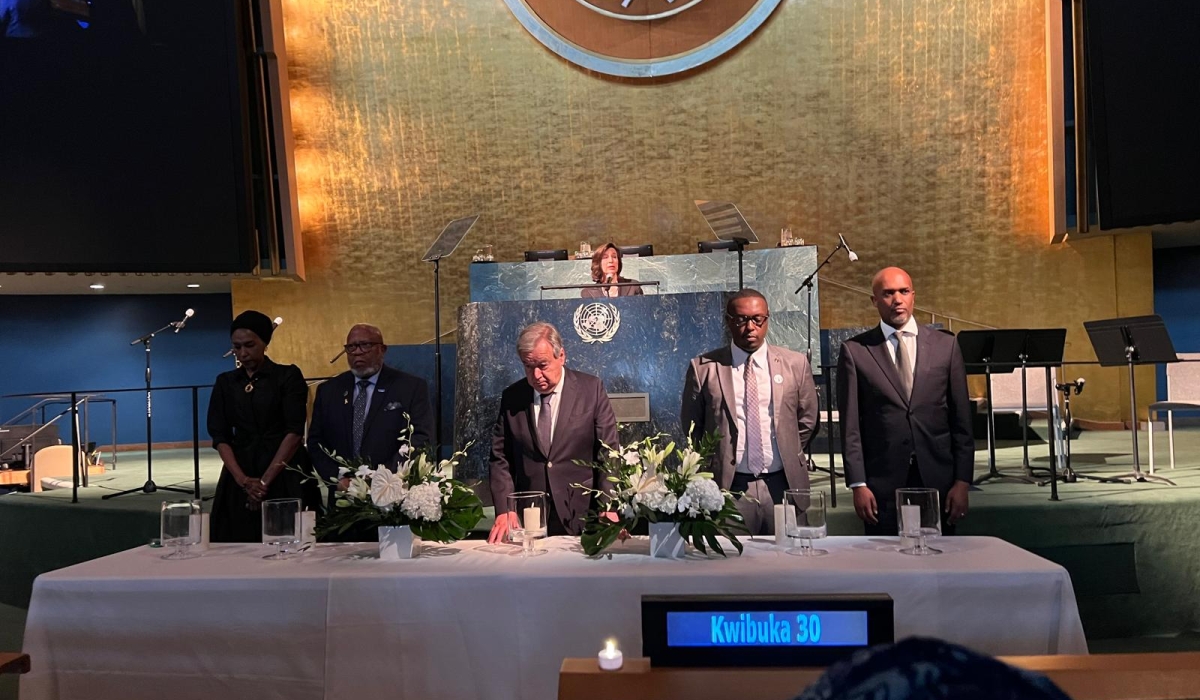 UN Secretary-General António Guterres with other officials observe a moment of silence to honour victims of the Genocide against the Tutsi as The United Nations marked the 30th anniversary of the Genocide against the Tutsi in Rwanda with a solemn ceremony at the UN General Assembly Hall, on April 12. Courtesy