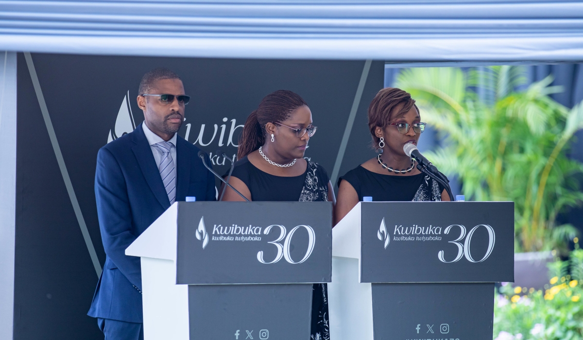 Boniface Ngulinzira&#039;s children, Cyrille Uwukuli, Olive Isabo, and Marie-Yolanda Ujeneza, testify about their father&#039;s life and deeds at Rebero Genocide Memorial on Saturday, April 13, 2024. All Photos by Dan Kwizera.